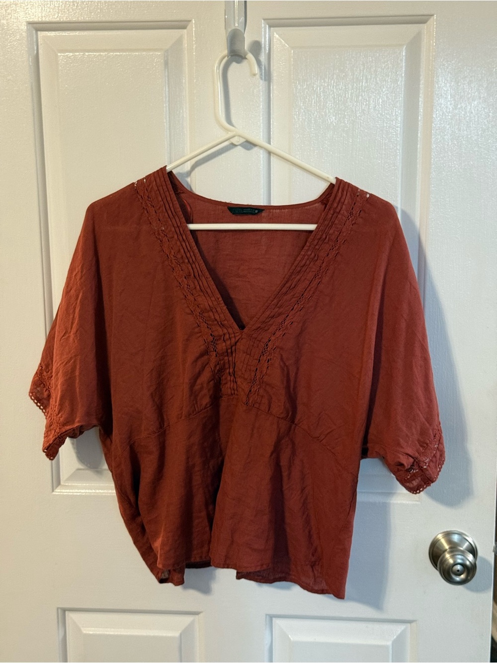 Zara Rust Red V-Neck Pintuck Flutter Sleeve Top